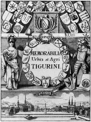 Titel koppar av den tredje, utökade upplagan av Hans Heinrich Bluntſchlis Memorabilibus Tigurinis, publicerad 1742